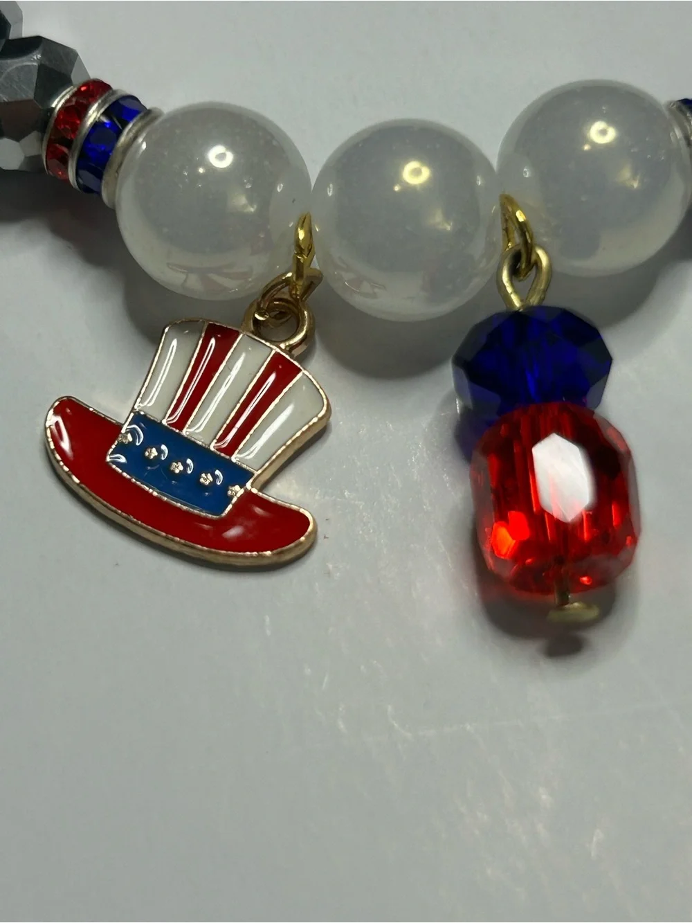 Kids Red & Blue Beaded Charm Bracelet with Patriotic Hat